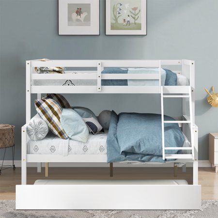 Modern and Minimalist Style Full-sized Wooden Bunk Bed with A Twin-sized Upper bed  Ladder and A Trundle  White