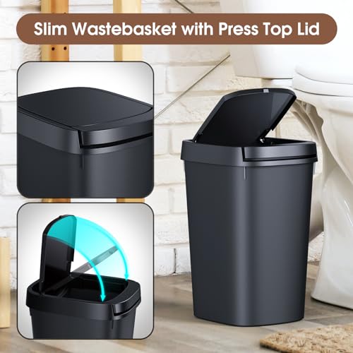 3 Pack Slim Bathroom Trash Can, 10L/2.6 Gal with Press Top and Pop-up Lid, Plastic Wastebasket for Toilet, Office, Bedroom (Black)