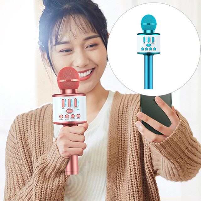 Langgg Wireless Microphone Bluetooth-compatible Handheld Speaker Home KTV Player Surround Adjustable Battery Colorful Mic Livestreaming Blue
