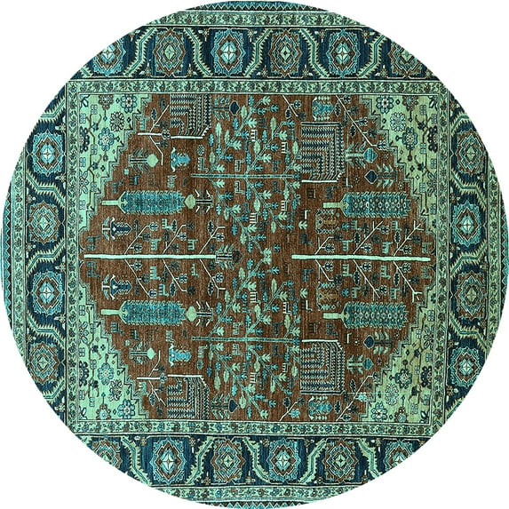 Ahgly Company Machine Washable Indoor Round Oriental Turquoise Blue Industrial Area Rugs, 3' Round