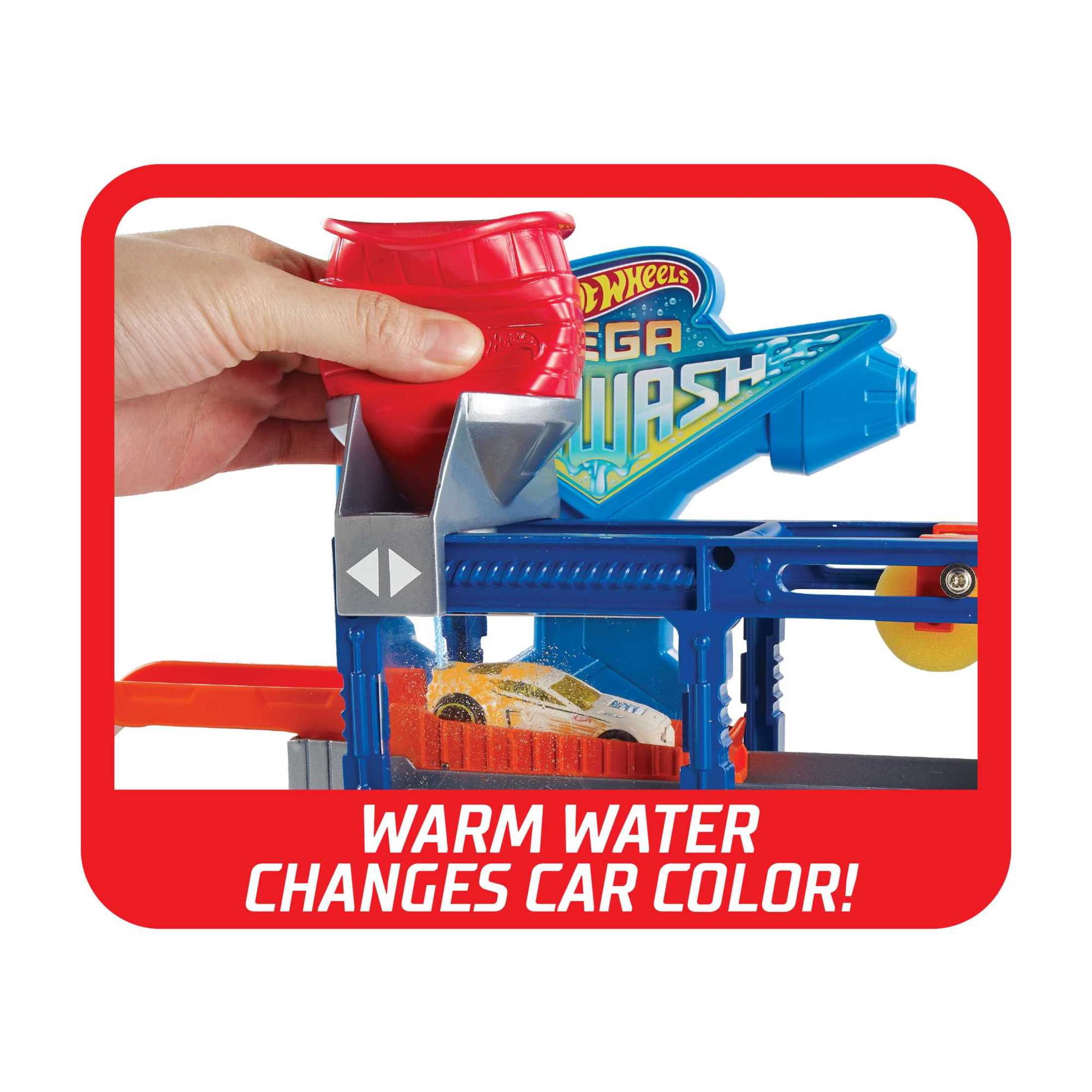 Hot Wheels Mega Car Wash Playset & 1:64 Scale Color Shifters Car with Repeat Color Change, 17.72in