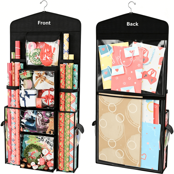 GASTROPOD Hanging Double Sided Wrapping Paper Storage Organizer with Multiple Pockets Organize Your Gift Wrap,Gift Bags Bows Ribbons 40"X17" Fits 40 Inch Rolls Clear Pvc Bag