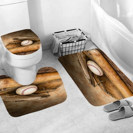 3 Pcs Baseball Sports Bath Rugs Set,Bath Rug Mat + Contour Mat + Toilet Seat Cover, Super Soft Rugs