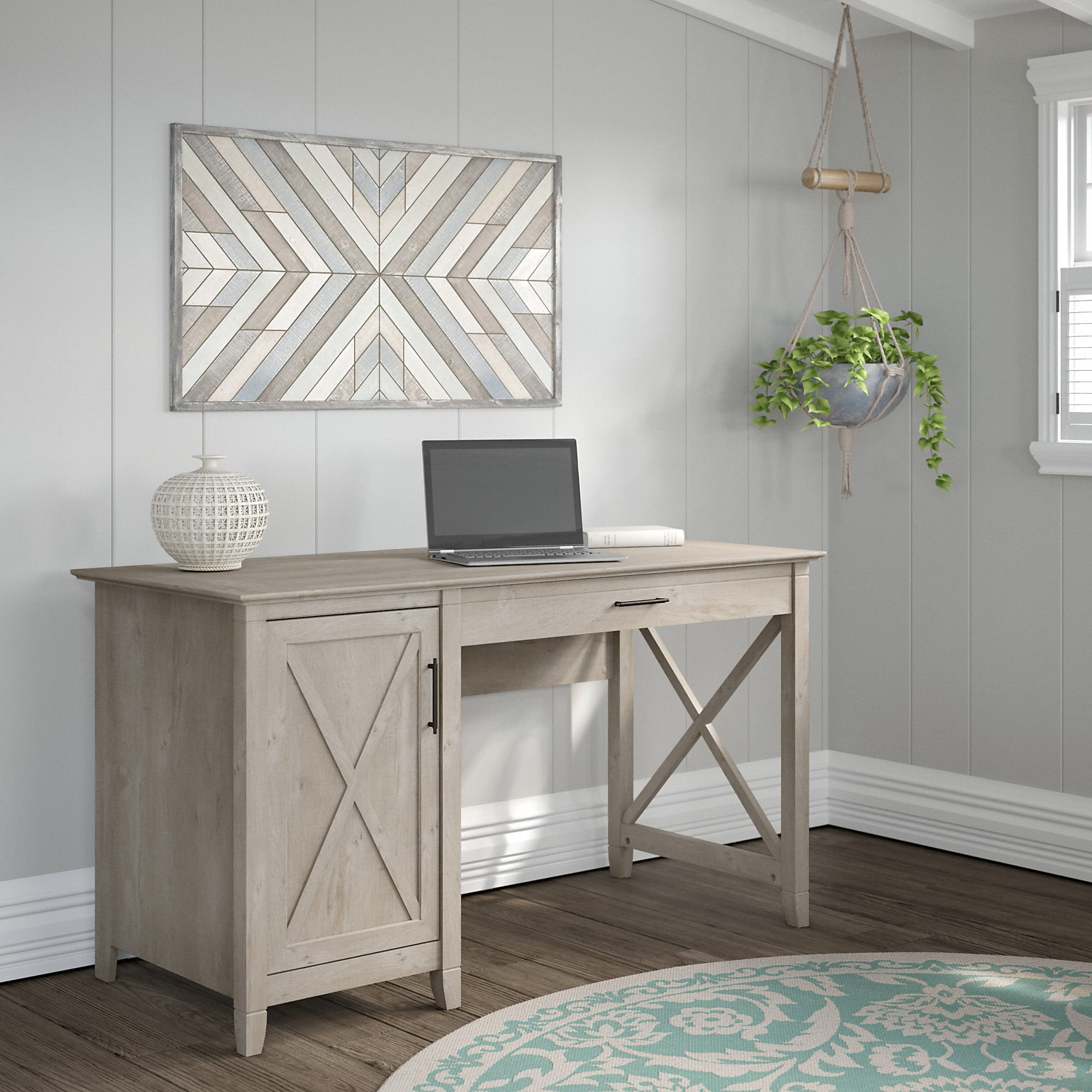 Bush Furniture Key West 54" Computer Desk with Storage, Washed Gray