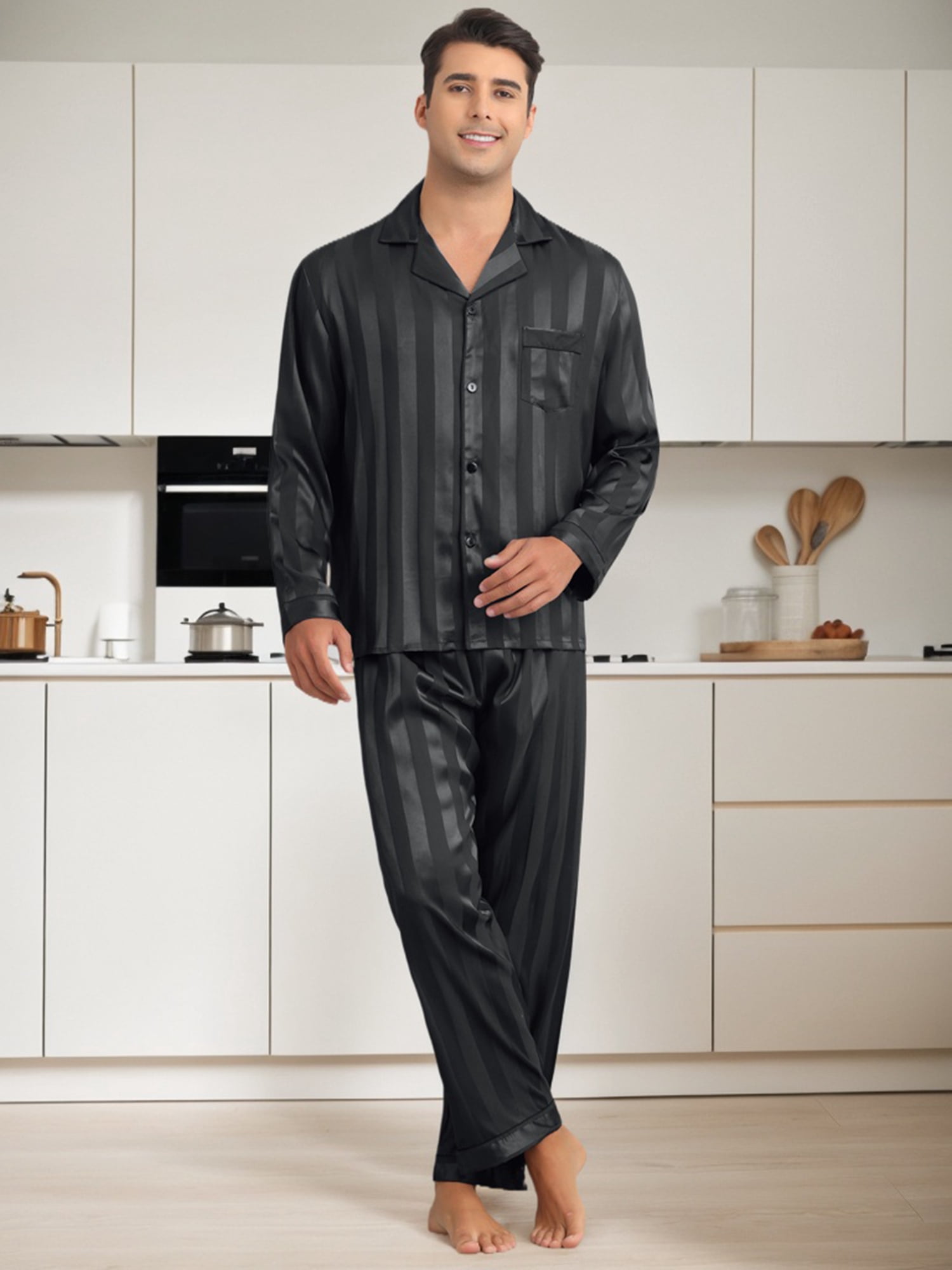 DARING DIVA Men's 2-Piece Long Sleeve Top And Pants Striped Pajama Set S Black