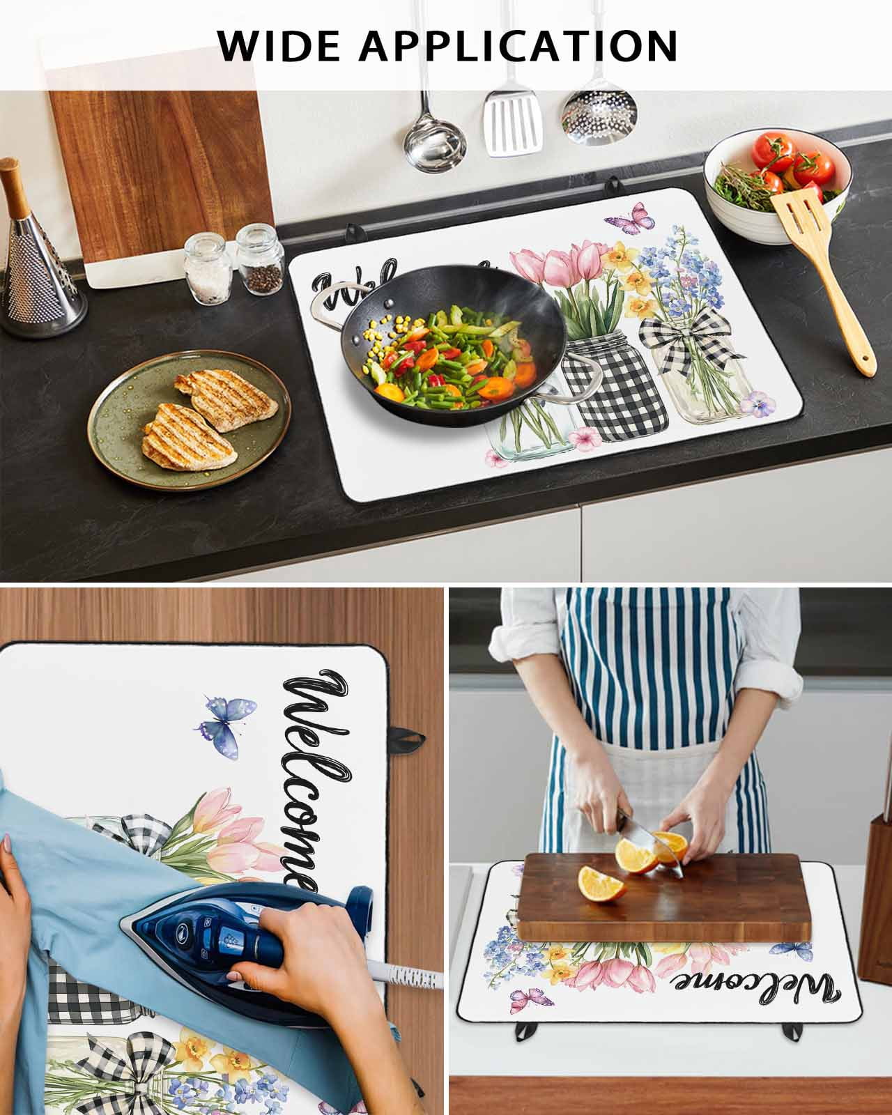nqOlkjepod Large Induction Cooktop Protector Mat 24"x21", Spring Flowers Stove Top Covers for Electric Stove, Farmhouse Tulip Botanical Watercolor Stove Burner Cover Mats, Glass Top Stove Cover