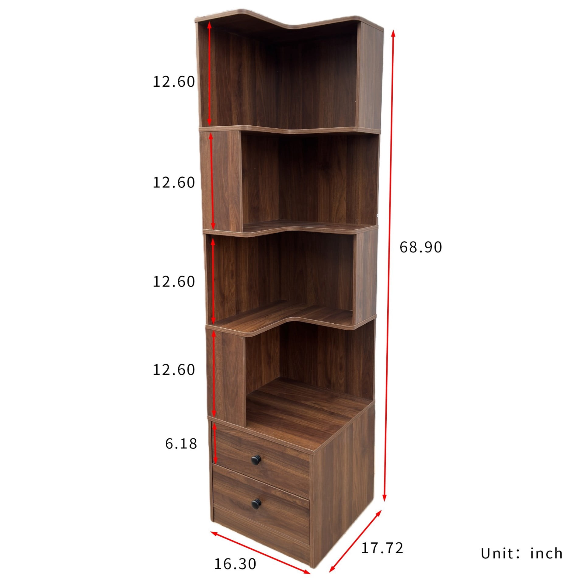 Corner Bookshelf with Drawers, 4 Tier L Shaped Corner Shelf with LED Lights, Small Space Corner Bookcase Storage Organizer for Living Room Bedroom Office, Walnut