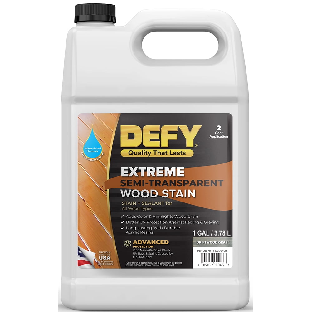 DEFY Extreme Wood Stain and Sealer in One - 1 Gallon Semi-Transparent Waterproof Coating for All Wood Types - Gray