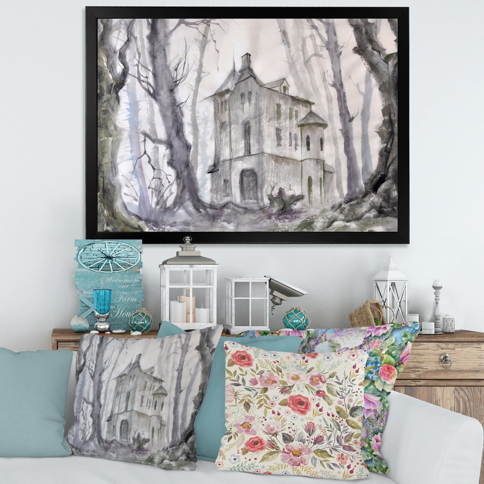 Designart 'Old Haunted Castle In The Woods' Traditional Framed Art Print