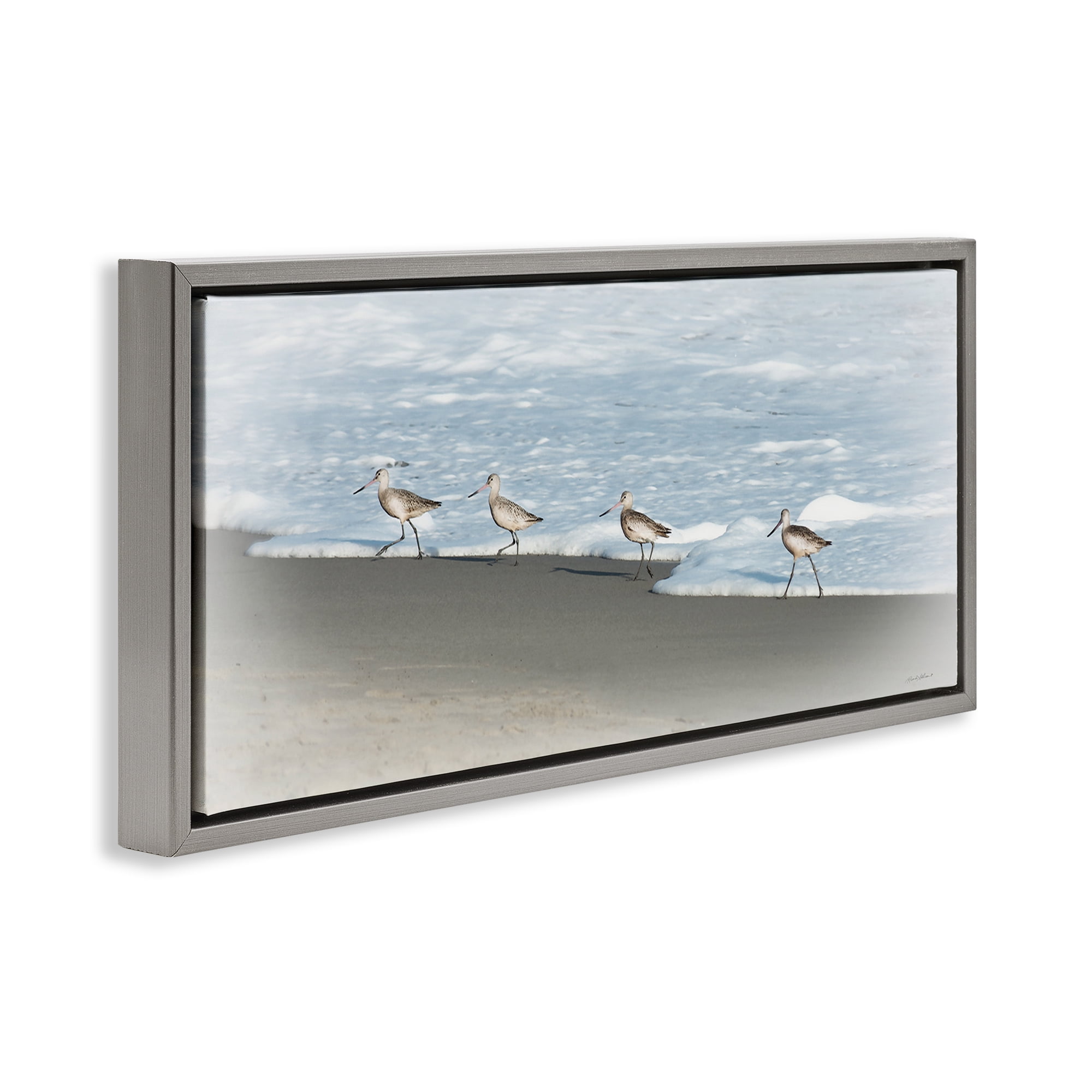 Stupell Industries Four Sandpipers on Beach Nautical & Beach Painting Gray Floater Framed Canvas Art Print Wall Art, 25 x 11