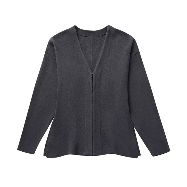 TRAF-suéter tipo cárdigan de punto ajustado con gancho frontal para mujer, cuello en V, mangas largas, dobladillo dividido lateral, ropa de abrigo femenina, Tops elegantes, moda