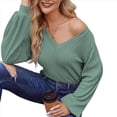 thumbnail image 2 of Blusa de Larga con Cuello en V para Mujer, Estilo Farol, Elegante, Informal, de Punto Acanalado, Corte Holgado, Otoño 2025 Verde L, 2 of 8