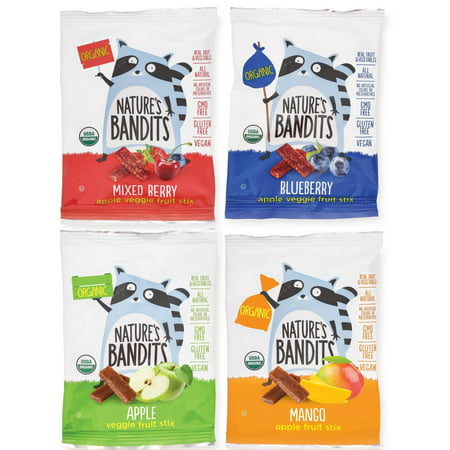 Nature's Bandits Organic Fruit & Veggie Stix (Variety -4 Flavors), Kid's 0.6 oz Value Pack - 24 Bags (Vegan, Gluten-Free, Kosher) Variety (4 Flavors) Kid's 0.6 oz (Value Pack - 24
