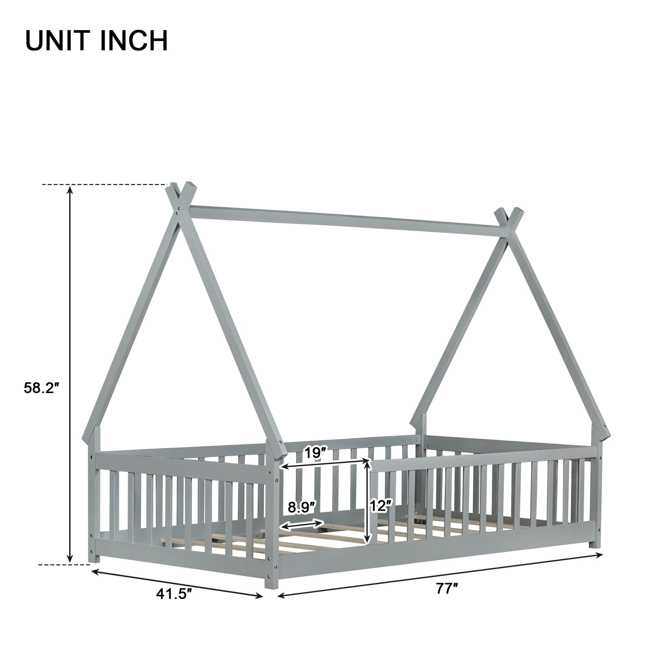 Noble House Misty Twin Teepee Floor Bed with Safety Fence, Solid Rubber Wood Tent Bed, Kid's Room, Gray
