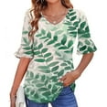thumbnail image 2 of ZQUUVOU Womens T-Shirts Boho Printed 3/4 Sleeved V-Neck Ruffle Casual Tops(G-Green,S), 2 of 5