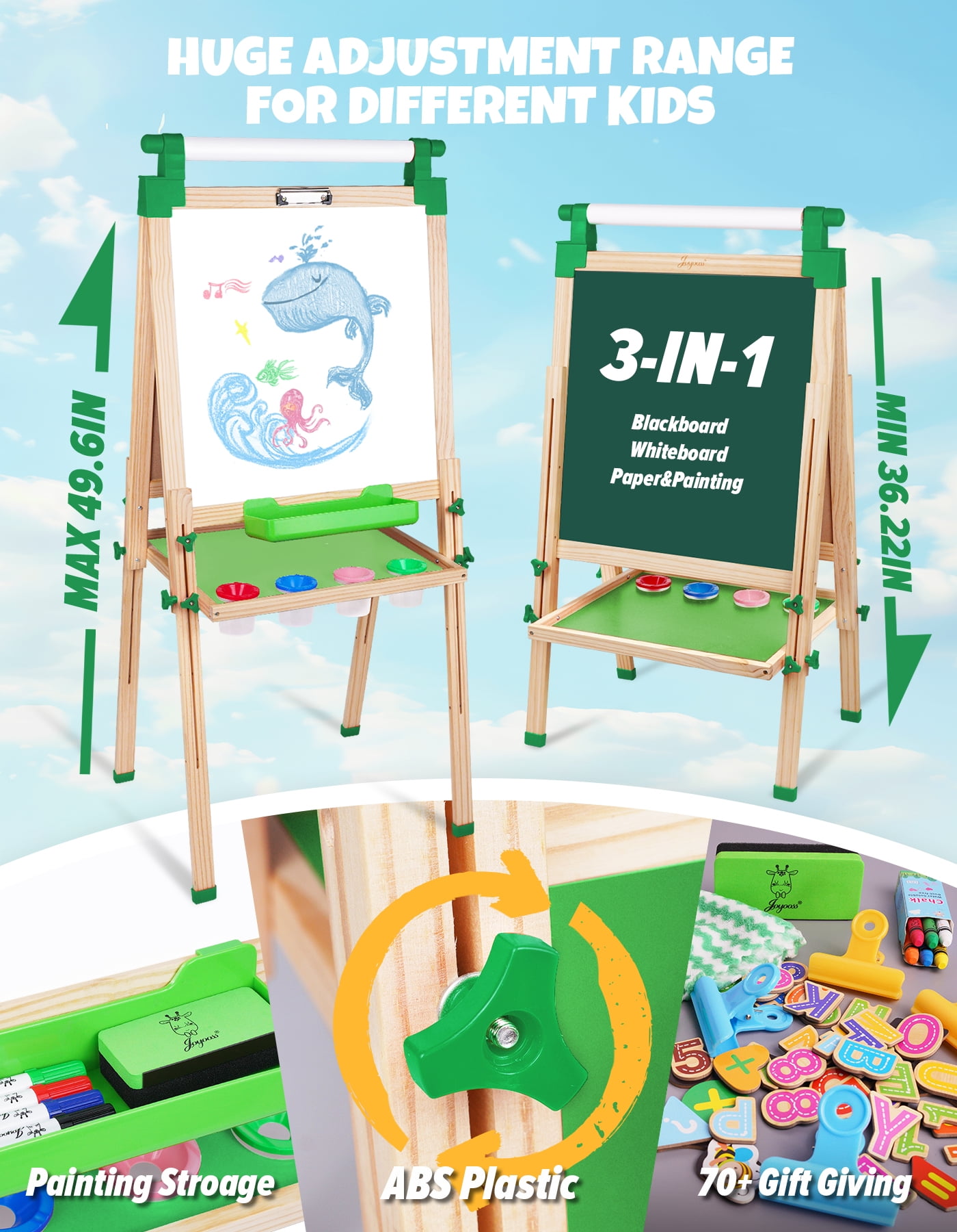 JOYOOSS 28"-29" Adjustable Wood Double-Sided Whiteboard and Chalkboard Art Easel with Drawing Paper, Chalk, Markers, Erasers, Magnetic Letters