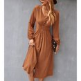 thumbnail image 3 of Vestido de manga larga con cuello en V Vestido casual elástico de cintura alta con botones para uso diario Naranja XL, 3 of 8
