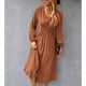 thumbnail image 3 of Vestido de manga larga con cuello en V Vestido casual elástico de cintura alta con botones para uso diario Naranja M, 3 of 8