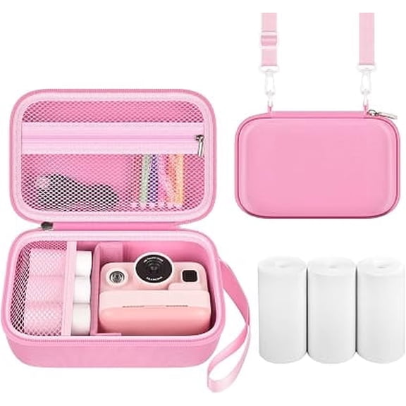 Kids Instant Print Camera Case for Dylanto/Gofunly/DUDUDRAGON/ESOXOFFORE, Digital Video Camera Storage Box with 3 Roll Papers, Pink