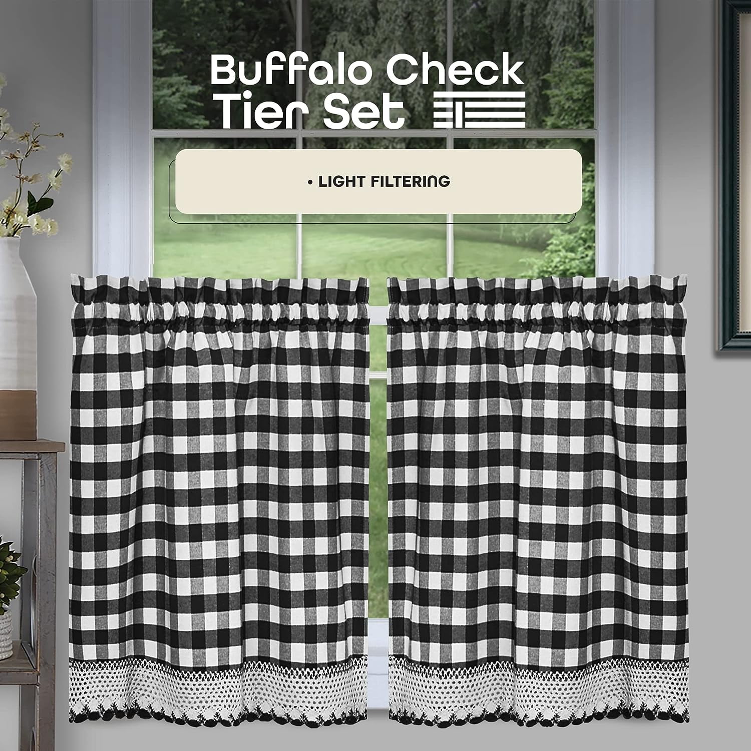 Buffalo Plaid Window Curtain Tier Buffalo Black And White - Temu