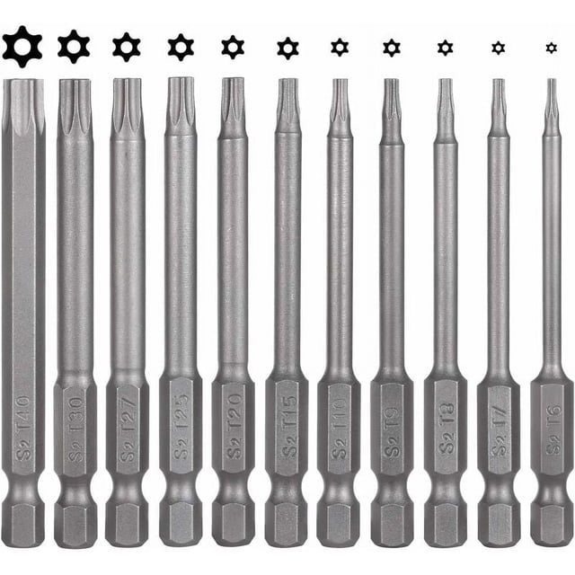 Juego de 11 puntas Torx de 75 mm, acero S2, magnéticas, hexagonales, T6, T7, T8, T9, T10, T15, T20, T25, T27, T30 y T40. Puntas Torx eléctricas para tornillos en forma de T.