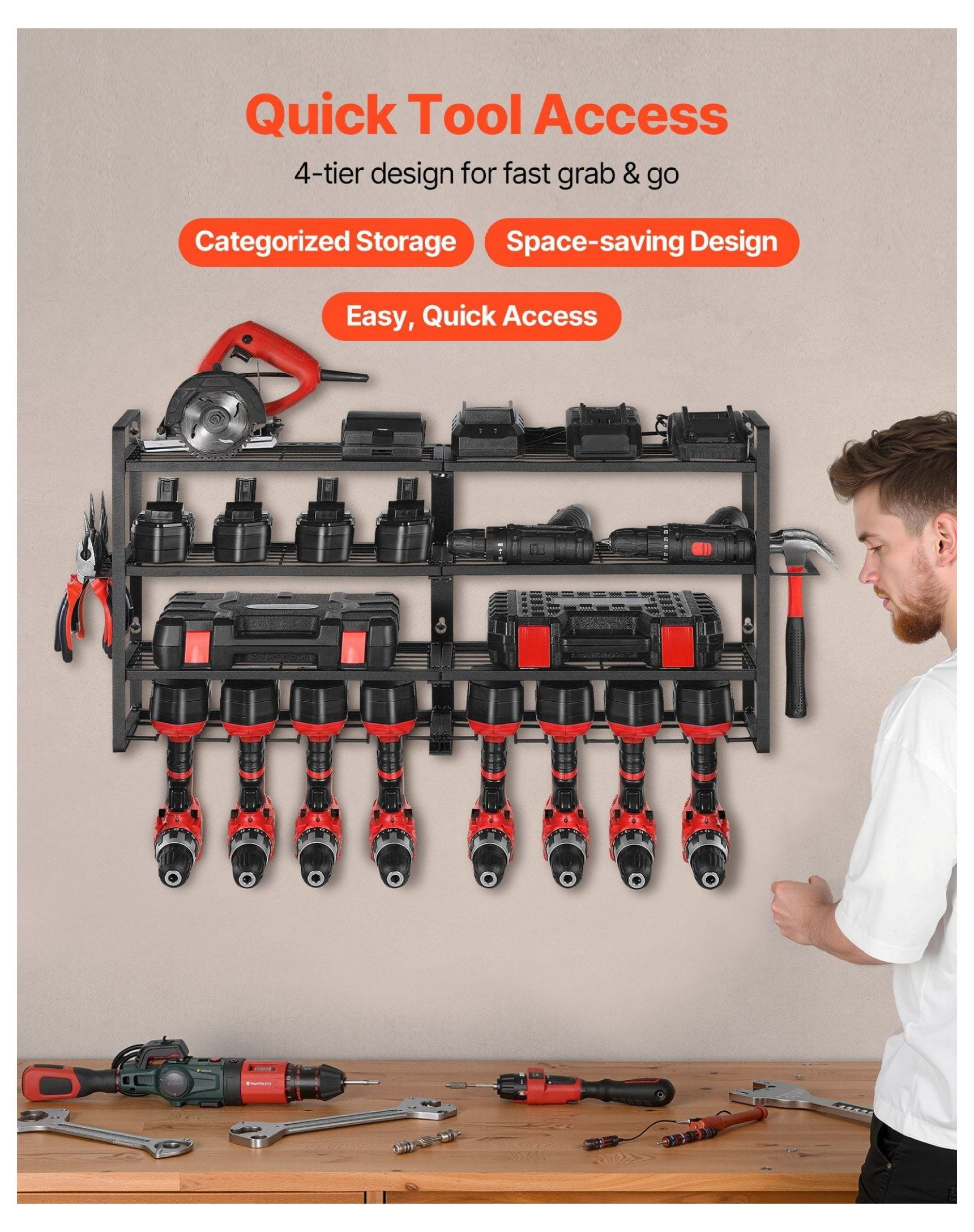 Power Tool Organizer Wall Mount, 4-Tier Garage Storage Rack with Drill Holders, Screwdriver Holder, Heavy Duty Tool Rack for Workshop, Workbench, Garage