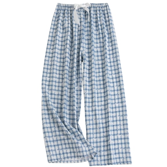 Pafei Tyugd Women Lounge Pants Pj Bottoms Casual Gingham Sleep Pants with Bow Tie Cozy Summer Elastic Waisted Petite Pajama Pants Light Blue Free Size