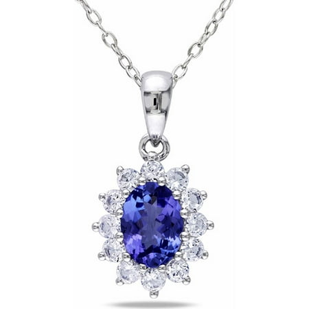 1-1/4 Carat T.G.W. Oval and Round-Cut Tanzanite and Created White Sapphire Sterling Silver Flower Pendant, 18