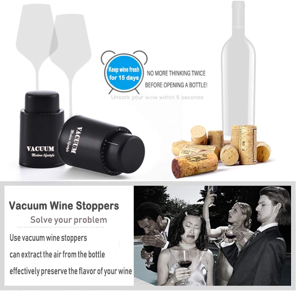 Fortuna Mille Wine Bottle Stoppers Great Present for Wine Lovers Wine Gift Wine Corks Keep Fresh with Time Scale Record Real Vacuum Wine Stoppers Black 2 Pack Reusable Wine Preserver