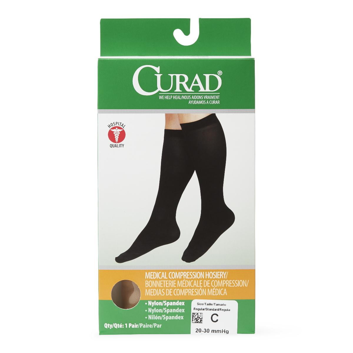 CURAD Compression Knee-High Socks with 20-30 mmHg, Tan, Size C, Regular Length, 1 Pair