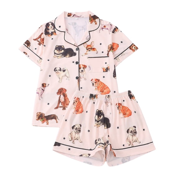 Yuanlong Womens Pajama Set 2Pcs Short Sleeve Shirt & Shorts Cartoon Dog Pattern Sleepwear Summer Valentine Breathable Funny Nightwear