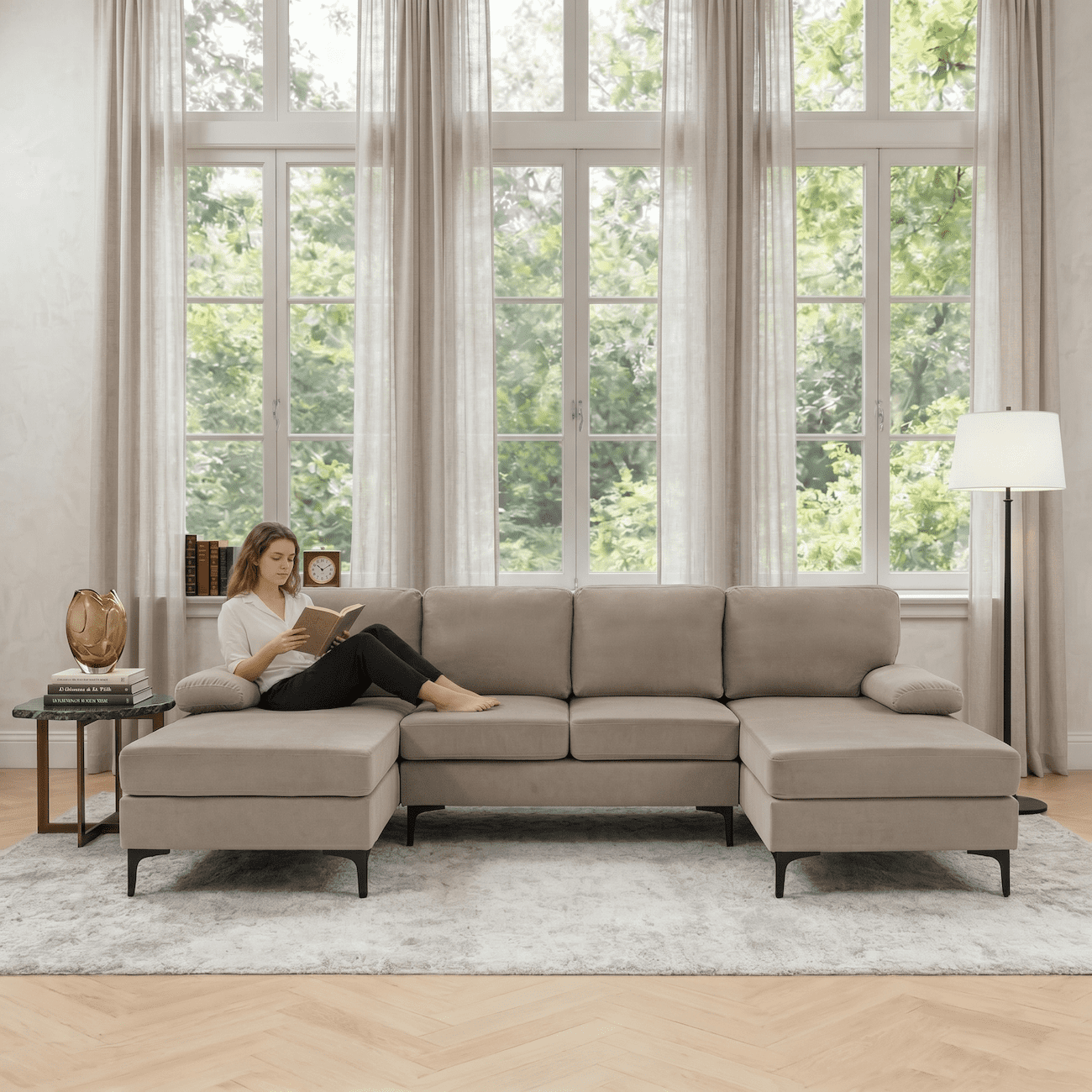 106" Cloud Sectional Sofa, U Shaped Sectional Couch with Double Chaise Lounge, Large 4 Seat Modular Sofa, Deep Seat Upholstered Fabric Couch with Pillow Top Arms, Modern Living Room Furniture, Khaki
