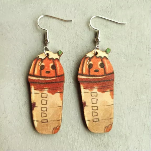 Thanksgiving Day Holiday Wood Teardrop Pumpkin Palm Leaf Halloween Earrings