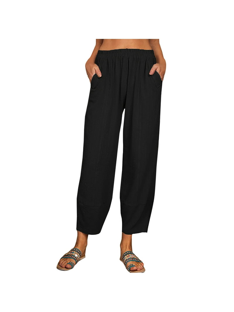 Hfyihgf Women's Linen Cotton Pants Relaxed Fit Lantern Cropped Tapered Pants Trousers with Elastic Waist(Black,XXL)