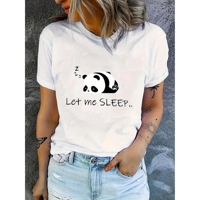 Camisetas para mujer Verano manga corta Tops para DeportesCreative English Sleeping Panda Pattern Printed Women'S Fashionable Round Neck Short Sleeve, Simple Casual Sports T-Shirt, Comfortable Summe