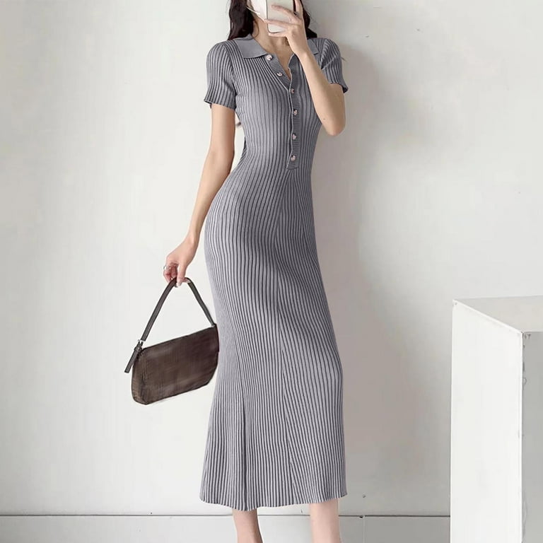 Drses Women's Button-Down Ribbed Knit Dress -  Short Sleeve Turndown Collar Bodycon for Office Parties & Casual Wear -  Walmart.com