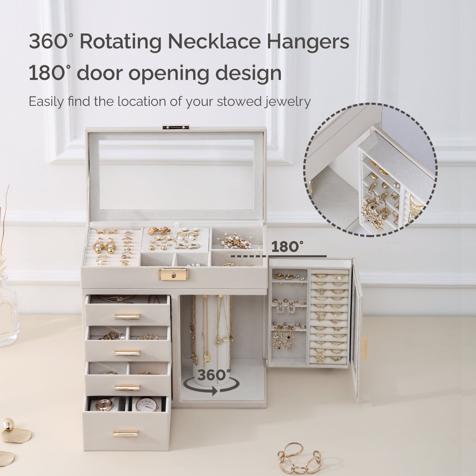 Casegrace 5-Tier Huge Jewelry Organizer with 4 Drawers, Clear Window Flip Lid Jewelry Box, Rotating Column Necklace Storage Case, Clear Open-door Standing Holder for Earrings, Rings