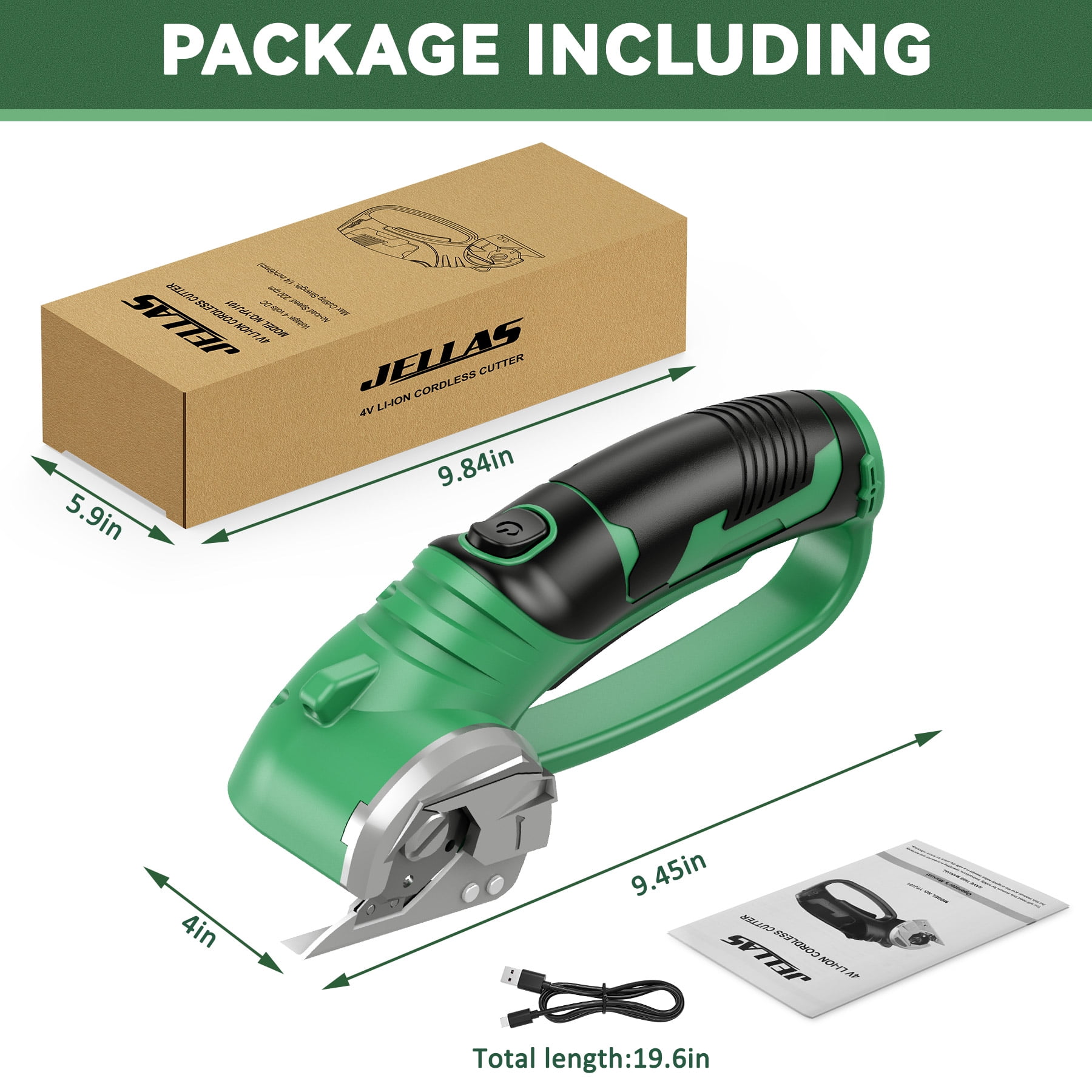 Jellas Cordless Electric Scissors, Cardboard Cutter, Rechargeable Powerful 4V Scissor Cutting Tool for Cardboard, Fabric, Leather, Green