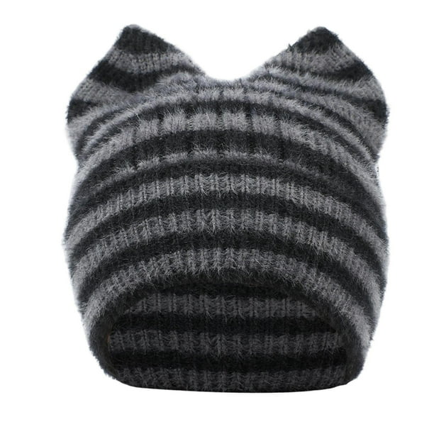 Gorro de lana con orejas de rayas y forma de pan al vapor para niños, gorro de invierno grueso con protección para las orejas, gorro de mujer