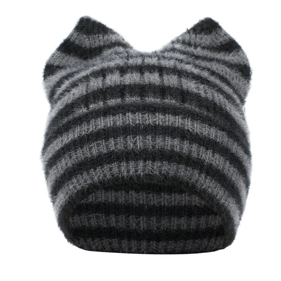 Black Unisex Striped Ears Steamed Shaped Bread Knitting Hat For Children Winter Thickened Ear Protection