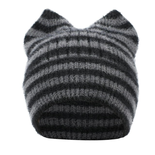 Gorro de lana con orejas de rayas y forma de pan al vapor para niños, gorro de invierno grueso con protección para las orejas, gorro de mujer
