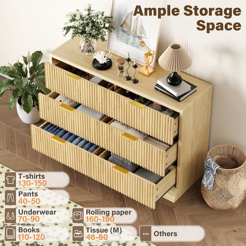 Lacoo 6 Drawer Fluted Dresser, Modern Ribbed Chest of Drawers with Gold Handles, Large Storage Dresser TV Stand for 50" TV