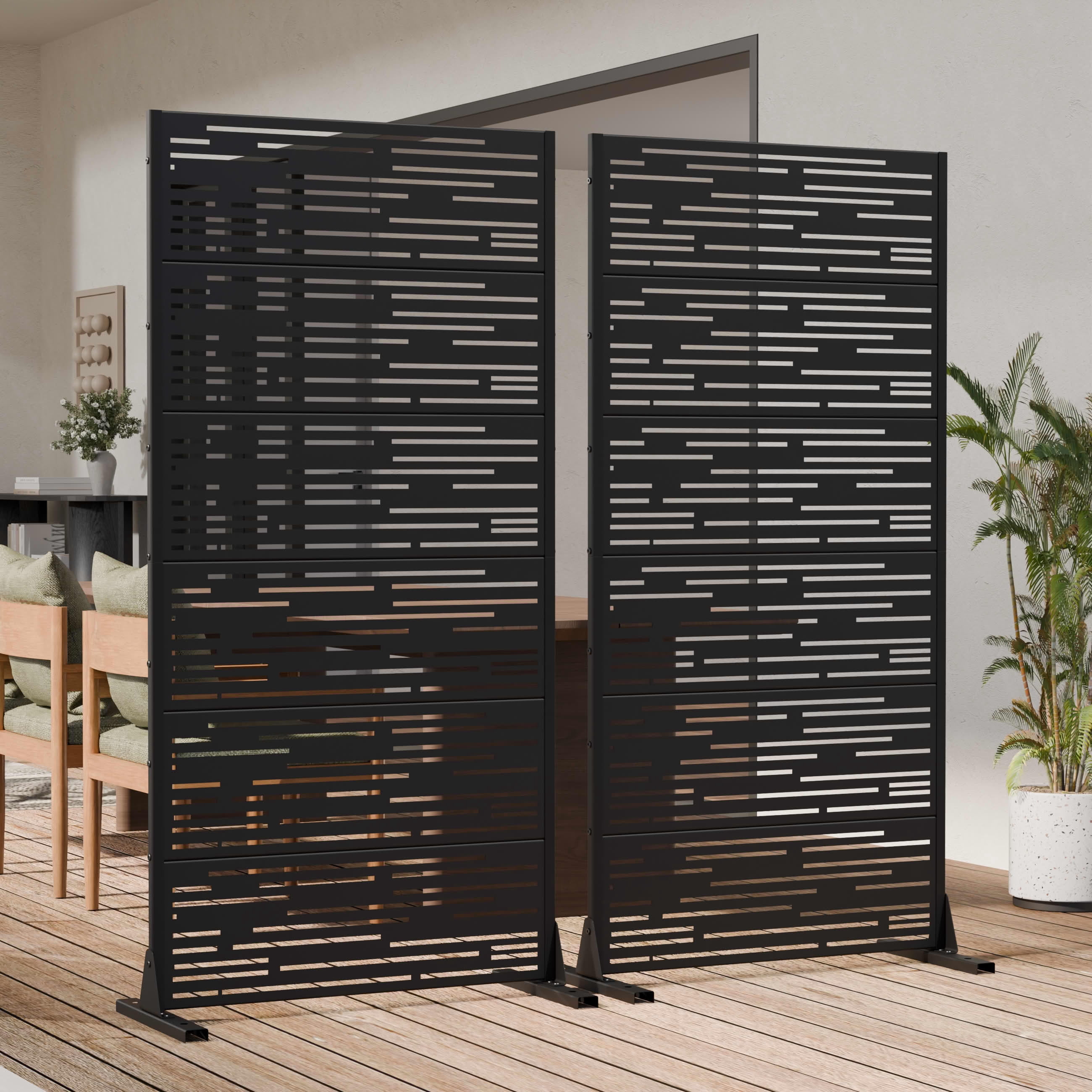 MAYEERTY 2-Piece Outdoor Metal Privacy Screen 6ft × 3ft Black, 6-Panel Light & Shadow Pattern, Rust-Resistant for Garden