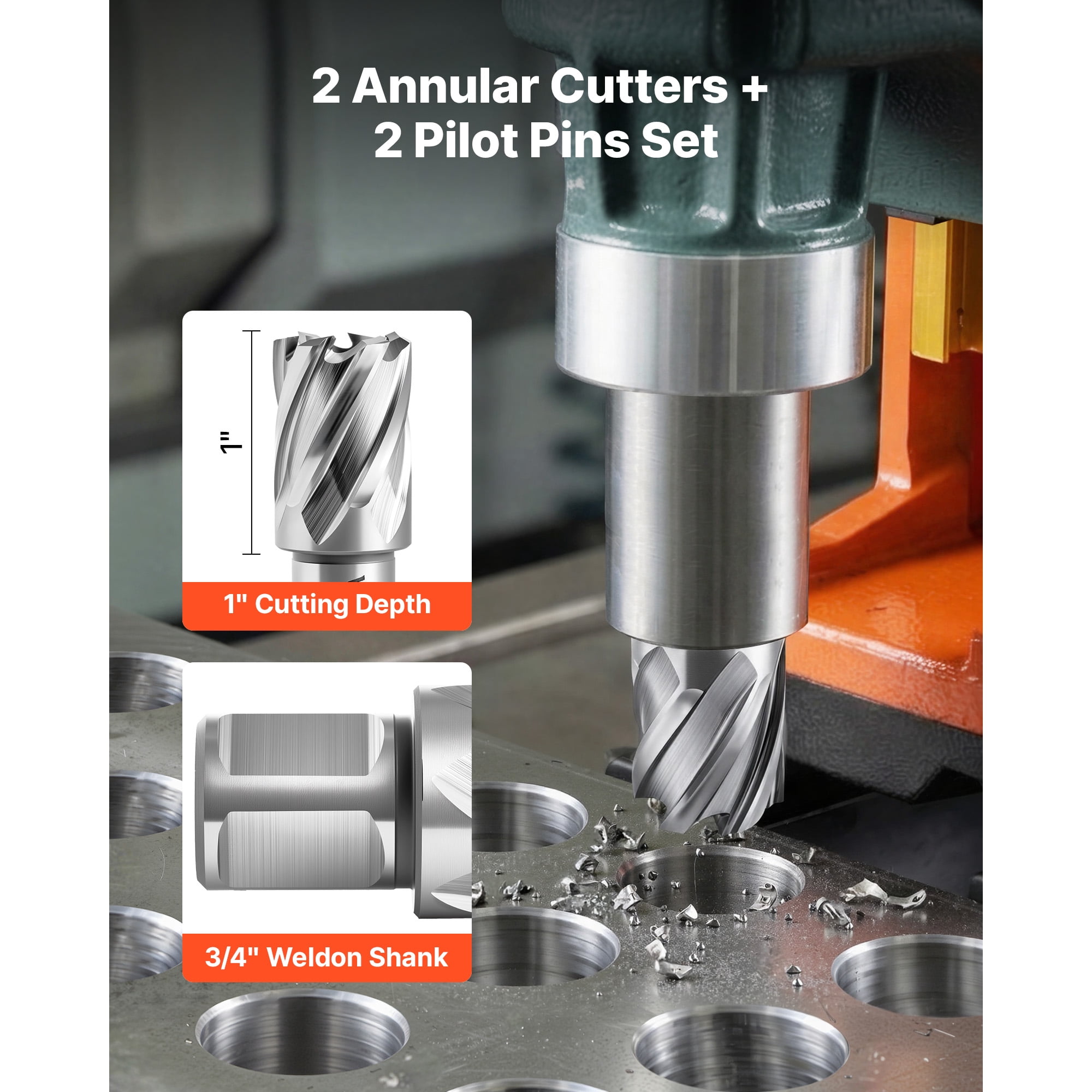 KFFKFF Annular Cutter Set, 4-Piece Weldon Shank Magnetic Drill Bit Kit, 1-Inch Cutting Depth and Diameter, High-Speed Steel, Includes 2 Drill Bits, 2 Pilot Pins, and Plastic Cases