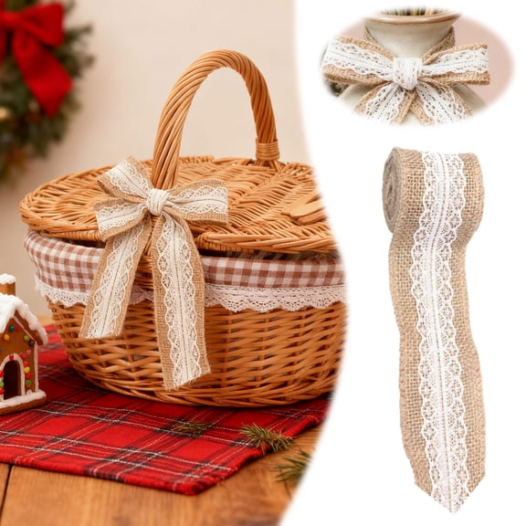 Natural Jute Burlap Ribbon with Elegant White Lace Trim 5cm Wide Fabric for Wedding Holiday DIY Wrapping and Party Decorations