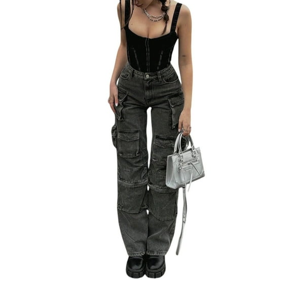 Women’s High Waisted Cargo Jeans Y2K Baggy Wide Leg Denim Pants with Flap Pockets Streetwear Casual Outfits