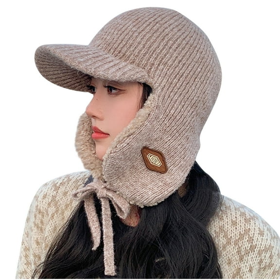 Jalioing Winter Thermal Hat for Women Fleece Lined Knitted Trapper Hat with Brim Windproof Ear Warmer Hat