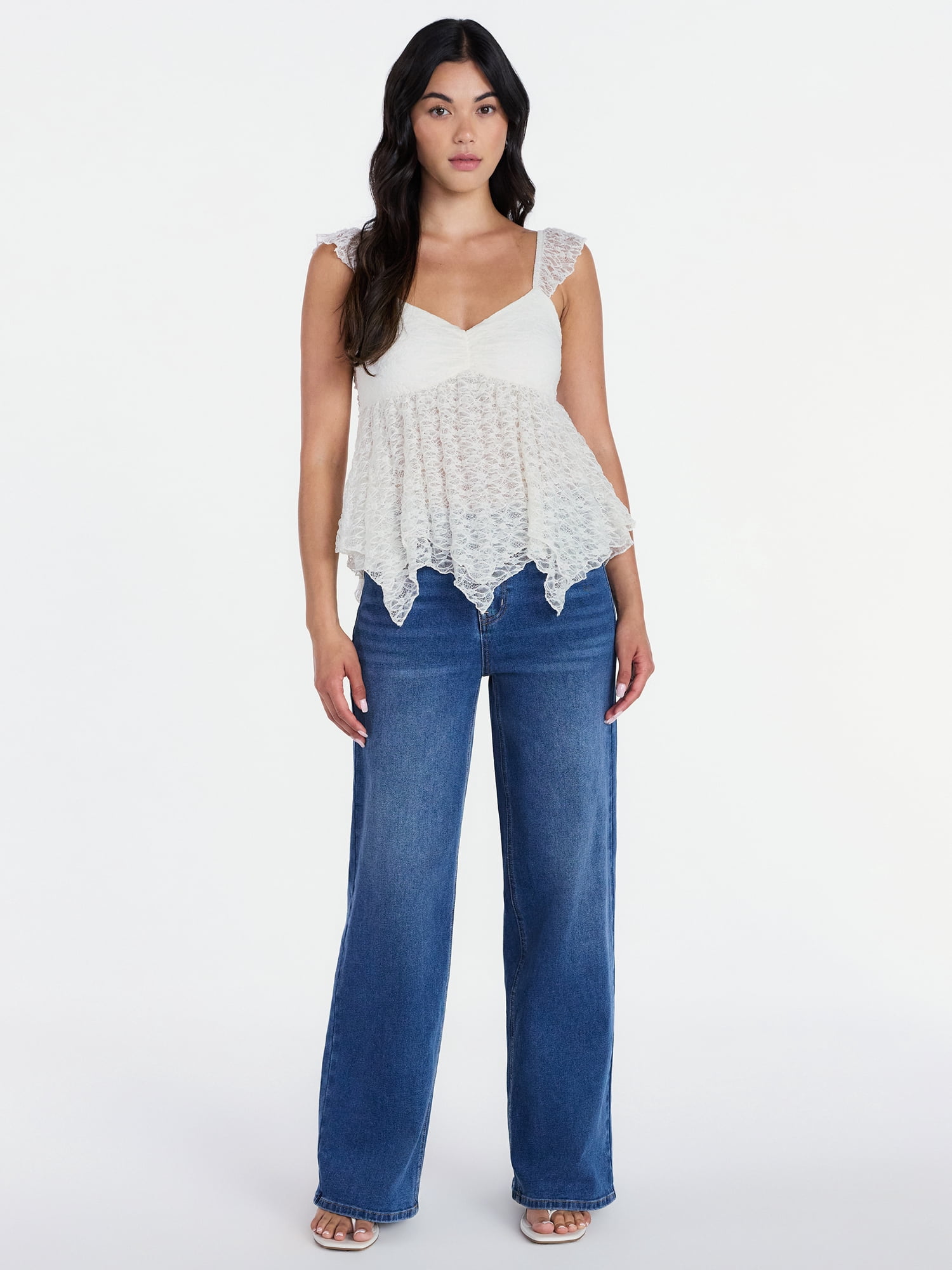 Madden NYC Floral Lace Babydoll Top with Flutter Sleeves, Sizes XXS-XXL