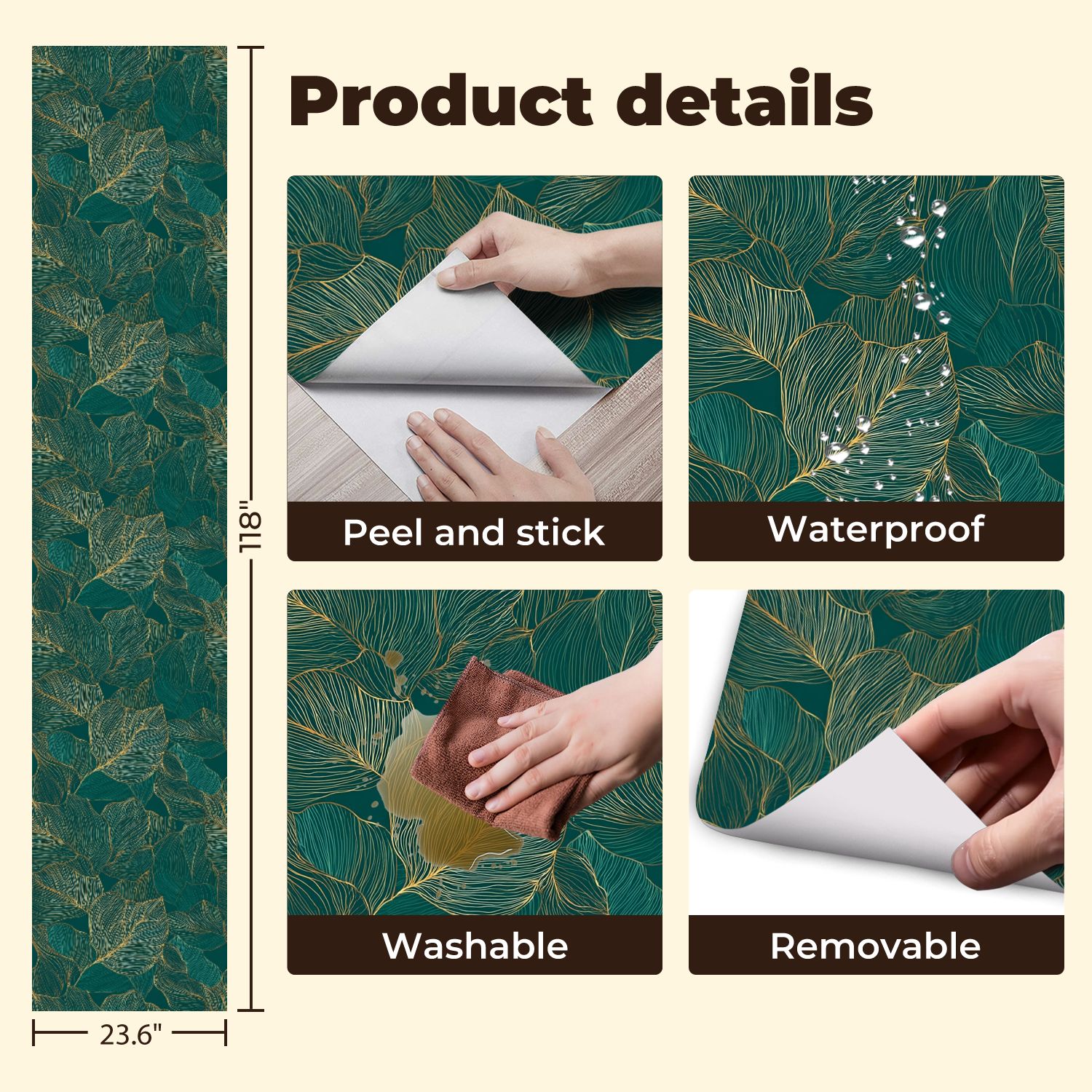 Peel and Stick Wallpaper 23.6in x 9.8ft Abstract Botanical Delicate Golden Leaf Lines Dark Green Contact Paper Vinyl Self-Adhesive Removable Wall Paper for Bedroom DIY Home Decor Renter Friendly