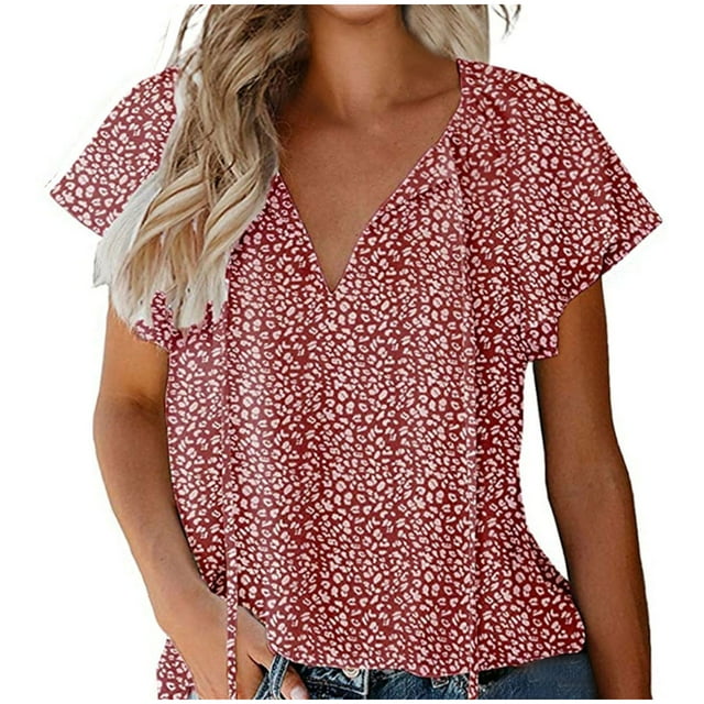 Pompotops Chemise en Chiffon à Col en V Décontractée et Ample à Manches Courtes pour Femmes en Liquidation